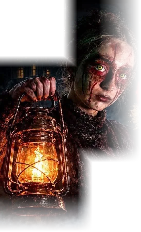 A blood-streaked woman in a Victorian lace dress holds a glowing lantern outside Creekside Manor.